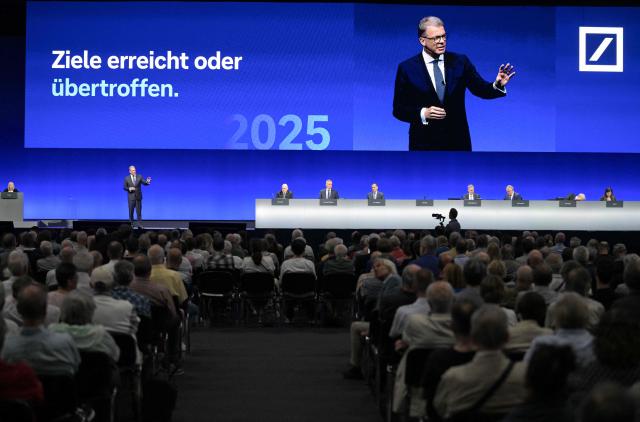Deutsche Bank CEO Christian Sewing speaks on stage during the company's annual shareholder meeting on May 28, 2026 in Frankfurt am Main, western Germany. (Photo by Hannes P. Albert / AFP)