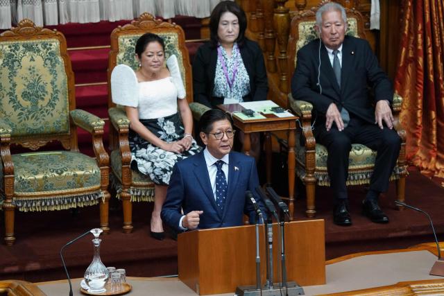Philippines' President Ferdinand Marcos Jr. (front) delivers a speech at the National Diet in Tokyo on May 28, 2026. (Photo by Kazuhiro NOGI / AFP)