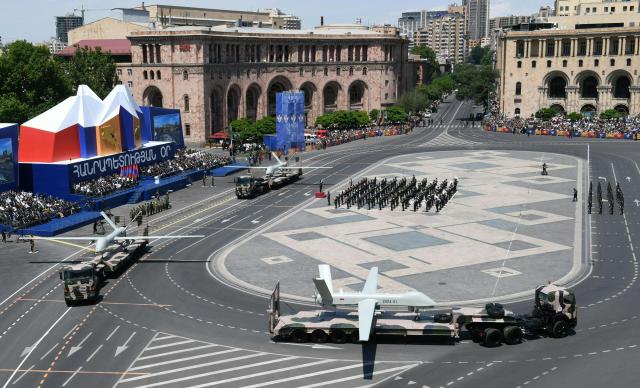 Unmanned aerial vehicles (UAVs) of the Armenian army take part in a military parade during Armenia’s Republic Day in Yerevan on May 28, 2026. (Photo by KAREN MINASYAN / AFP)