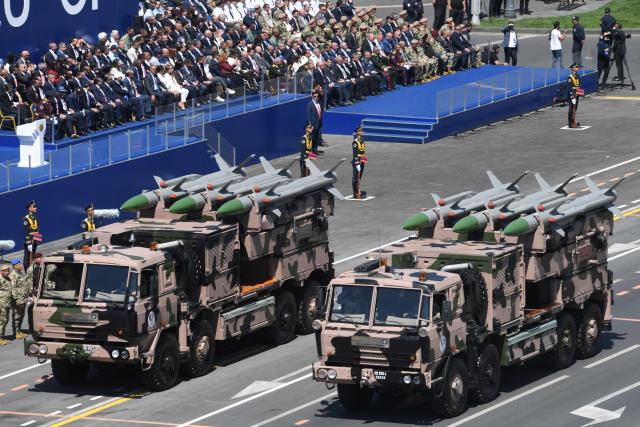 Missile launching systems of the Armenian army take part in a military parade during Armenia’s Republic Day in Yerevan on May 28, 2026. (Photo by KAREN MINASYAN / AFP)