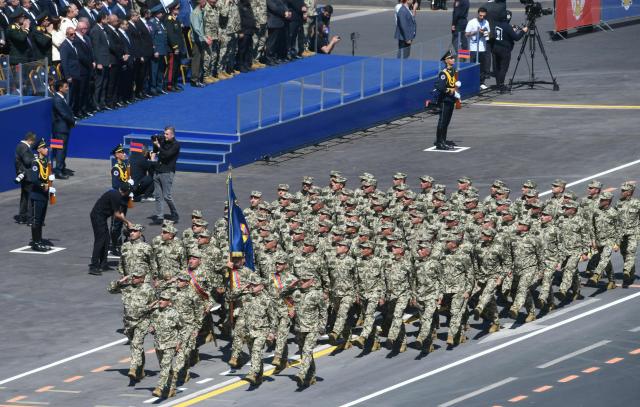 Armenian soldiers take part in a military parade during Armenia’s Republic Day in Yerevan on May 28, 2026. (Photo by KAREN MINASYAN / AFP)