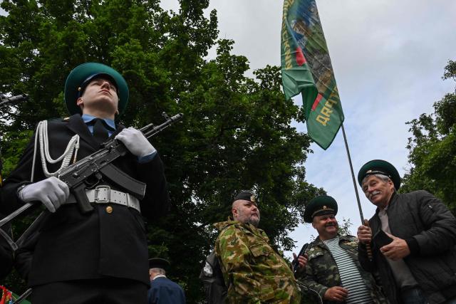 Russian border guard veterans take part in the celebrations of the Border Guards' Day in central Moscow on May 28, 2026. (Photo by Igor IVANKO / AFP)