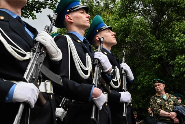 A Russian border guard veteran takes part in the celebrations of the Border Guards' Day in central Moscow on May 28, 2026. (Photo by Igor IVANKO / AFP)