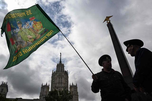 Russian border guard veterans take part in the celebrations of the Border Guards' Day in central Moscow on May 28, 2026. (Photo by Igor IVANKO / AFP)