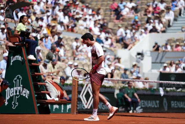 Paraguay's Adolfo Daniel Vallejo reacts as he plays against France's Moise Kouame during their men's singles match on day 5 of the French Open tennis tournament on Court Suzanne-Lenglen at the Roland-Garros Complex in Paris on May 28, 2026. (Photo by Dimitar DILKOFF / AFP)