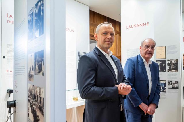 Poland's President Karol Nawrocki (L) and Switzerland's President Guy Parmelin (R) listen explanations during a guided tour of the Paderewski Museum collection and an exhibition on interned Polish soldiers during World War II in Morges on May 28, 2026. Nawrocki is on two-day state visit in Switzerland. (Photo by MARTIAL TREZZINI / POOL / AFP)