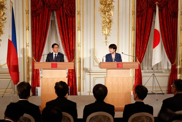 Philippine President Ferdinand Marcos Jr. (L) and Japanese Prime Minister Sanae Takaichi take part in a joint press conference at the Akasaka Palace State Guest House in Tokyo on May 28, 2026. (Photo by Rodrigo Reyes Marin / POOL / AFP)