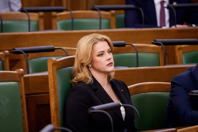 Evika Silina, former Prime Minsiter of Latvia, attends a parliamentary session before voting for the approval of the new cabinet of government ministers in the Saeima (Parliament of Latvia) on May 28, 2026 in Riga, Latvia. (Photo by Gints Ivuskans and AFP / AFP)