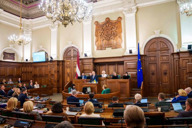 Andris Kulbergs, candidate for Prime Minister, speaks during a parliamentary session before voting for the approval of the new cabinet of government ministers in the Saeima (Parliament of Latvia) on May 28, 2026 in Riga, Latvia. (Photo by Gints Ivuskans / AFP)
