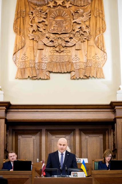 Andris Kulbergs, candidate for Prime Minister, speaks during a parliamentary session before voting for the approval of the new cabinet of government ministers in the Saeima (Parliament of Latvia) on May 28, 2026 in Riga, Latvia. (Photo by Gints Ivuskans / AFP)