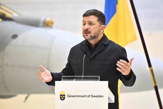 Ukraine's President Volodymyr Zelensky addresses a press conference at the F16 air flotilla in Uppsala, Sweden on May 28, 2026. (Photo by Christine Olsson/TT / various sources / AFP) / Sweden OUT