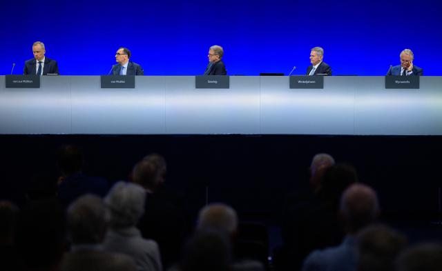 Alexander von zur Muehlen (l-r), Chief Executive Officer Asian-Pacific, Europe, Middle East & Africa and Germany, James von Moltke, Deputy CEO, Christian Sewing, Chief Executive Officer (CEO), Norbert Winkeljohann and Alexander Wynaendts, Members of the Supervisory Board attend the company's annual shareholder meeting on May 28, 2026 in Frankfurt am Main, western Germany. (Photo by Hannes P. Albert / AFP)