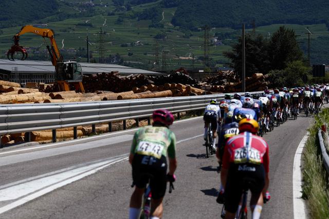 Riders take the start of the 18th stage of the Giro d'Italia 2026 - Tour of Italy cycling race between Fai della Paganella and Pieve di Soligo, Italy, on May 28, 2026. (Photo by Luca Bettini / AFP)