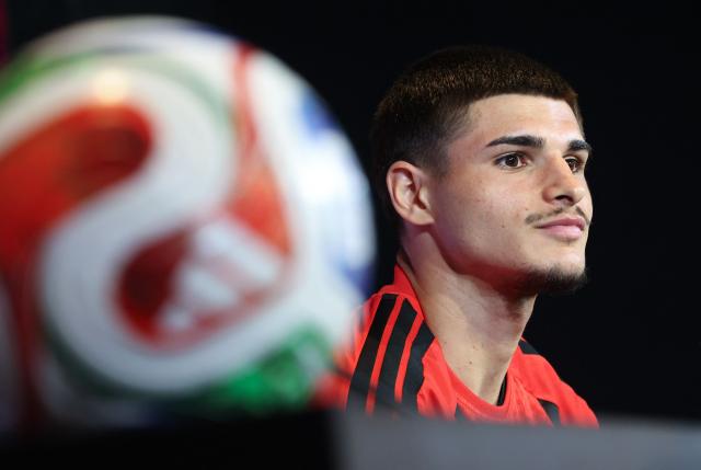 Belgium's Matias Fernandez-Pardo attends a press conference of Belgian national football team as they set to announce a new player for the upcoming 2026 FIFA World Cup at the team's training grounds in Tubize, on May 28, 2026. (Photo by BRUNO FAHY / Belga / AFP) / Belgium OUT