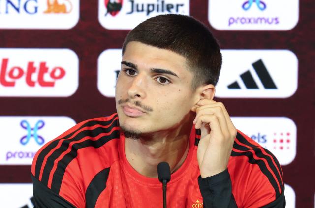Belgium's Matias Fernandez-Pardo attends a press conference of Belgian national football team as they set to announce a new player for the upcoming 2026 FIFA World Cup at the team's training grounds in Tubize, on May 28, 2026. (Photo by BRUNO FAHY / Belga / AFP) / Belgium OUT