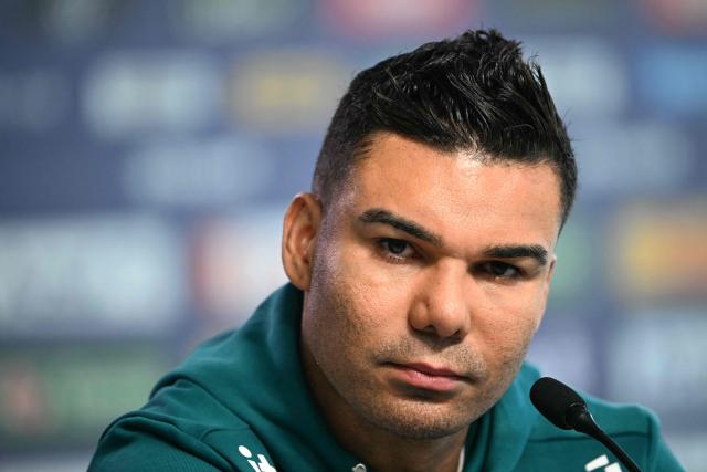 Brazil's Casemiro looks on during a press conference at the Granja Comary training center in Teresopolis, Rio de Janeiro, Brazil, on May 28, 2026. (Photo by MAURO PIMENTEL / AFP)