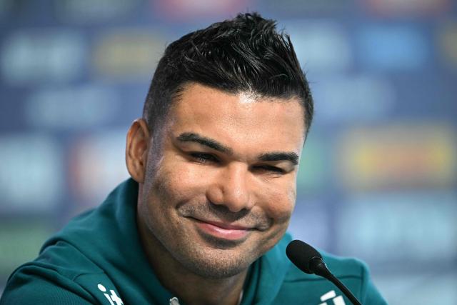 Brazil's Casemiro smiles during a press conference at the Granja Comary training center in Teresopolis, Rio de Janeiro, Brazil, on May 28, 2026. (Photo by MAURO PIMENTEL / AFP)