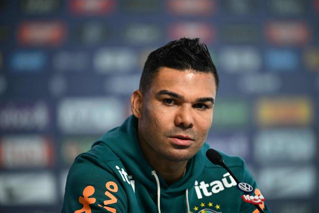 Brazil's Casemiro looks on during a press conference at the Granja Comary training center in Teresopolis, Rio de Janeiro, Brazil, on May 28, 2026. (Photo by MAURO PIMENTEL / AFP)