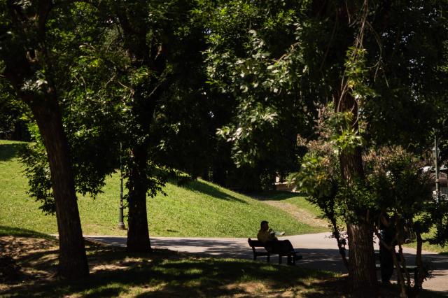 A person sits on a bench in the shade at Valentino Park in Turin, northwestern Italy, during an early-season heatwave in Europe, on May 28, 2026. (Photo by MARCO BERTORELLO / AFP)