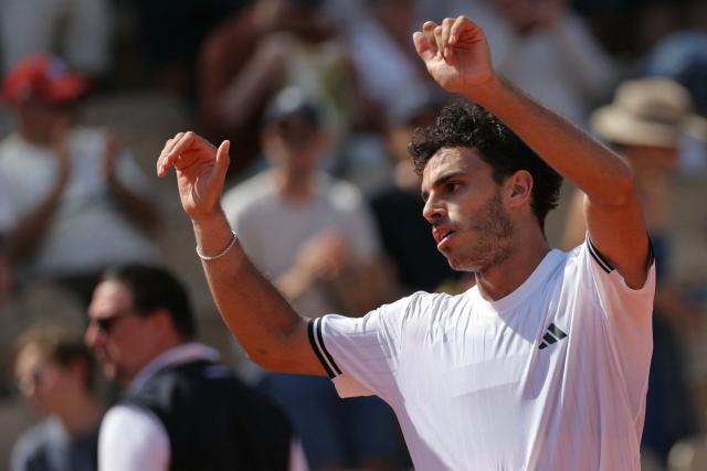 Argentina's Francisco Cerundolo reacts after his victory over France's Hugo Gaston during their men's singles match on day 5 of the French Open tennis tournament on Court Simonne-Mathieu at the Roland-Garros Complex in Paris on May 28, 2026. (Photo by Thomas SAMSON / AFP)