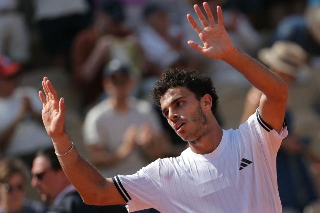 Argentina's Francisco Cerundolo reacts after his victory over France's Hugo Gaston during their men's singles match on day 5 of the French Open tennis tournament on Court Simonne-Mathieu at the Roland-Garros Complex in Paris on May 28, 2026. (Photo by Thomas SAMSON / AFP)