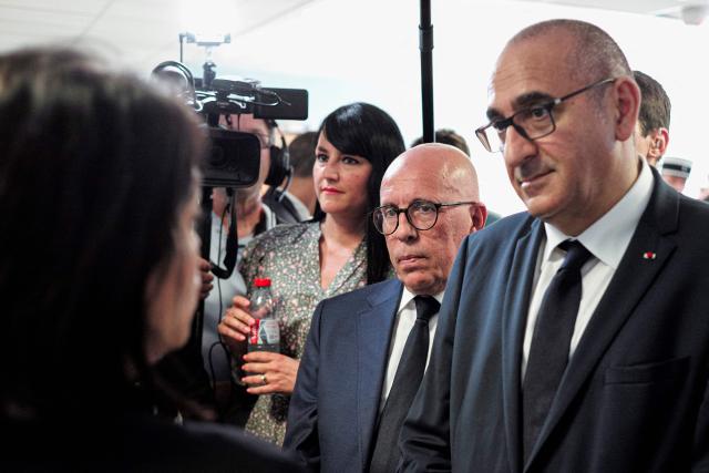 (from L) UDR's MP Christelle D'Intorni, mayor of Nice Eric Ciotti and France's Interior Minister Laurent Nunez meet with representatives of local associations during a visit to the Les Moulins neighbourhood in Nice, south-eastern France on May 28, 2026. Two men and a woman suspected of being involved in a shooting that left two people dead and six injured in Nice on May 11 in the Les Moulins district of Nice have been charged and remanded in custody, in a new case illustrating the turf wars associated with drug-related gang activity. (Photo by Frederic DIDES / AFP)