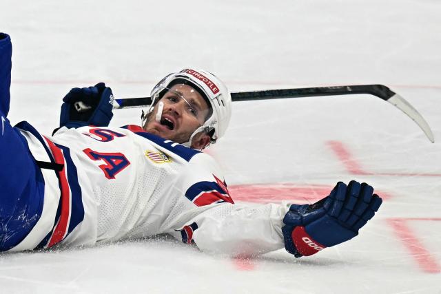 USA's forward #19 Matthew Tkachuk reacts during the IIHF Ice Hockey Men's World Championship quarter-final match between Canada and USA in Fribourg, Switzerland on May 28, 2026. (Photo by Fabrice COFFRINI / AFP)
