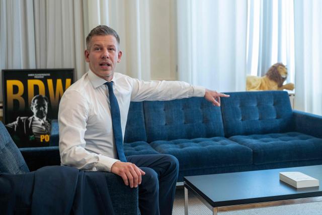 Hungary's Prime Minister Peter Magyar gestures as he meets with Belgium's Prime Minister during a bilateral meeting in Brussels on May 28, 2026. (Photo by JONAS ROOSENS / Belga / AFP) / Belgium OUT