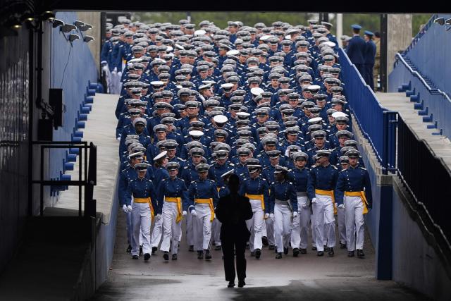 Cadets arrive at the US Air Force Academy Graduation Ceremony at Falcon Stadium, on May 28, 2026, at the US Air Force Academy in Colorado Springs, Colorado. (Photo by Matt Rourke / POOL / AFP)