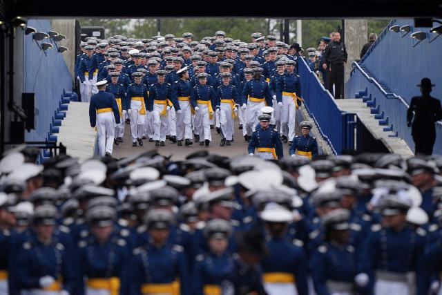 Cadets arrive at the US Air Force Academy Graduation Ceremony at Falcon Stadium, on May 28, 2026, at the US Air Force Academy in Colorado Springs, Colorado. (Photo by Matt Rourke / POOL / AFP)