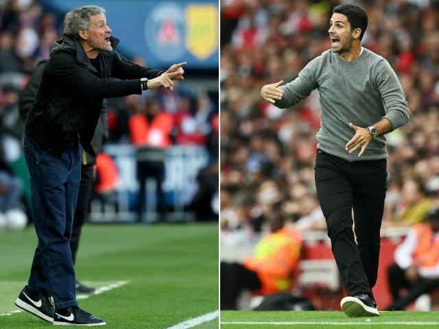 (COMBO) This combination of pictures created on May 28, 2026 shows Paris Saint-Germain's Spanish headcoach Luis Enrique (L) giving instructions to his players during the French L1 football match between Paris Saint-Germain (PSG) and FC Nantes at the Parc des Princes stadium in Paris on April 22, 2026, and Arsenal's Spanish manager Mikel Arteta reacting from the sideline during the pre-season friendly football match between Arsenal and Bayer 04 Leverkusen at the Emirates Stadium in London on August 7, 2024. Paris Saint-Germain (PSG) face Arsenal in the UEFA Champions League final football match on Maz 30, 2026 in Budapest. (Photo by FRANCK FIFE and Glyn KIRK / AFP)