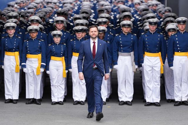 US Vice President JD Vance arrives to speak at the commencement speech for the 2026 graduating class of the US Air Force Academy, in Colorado Springs, Colorado, on May 28, 2026. (Photo by Matt Rourke / POOL / AFP)