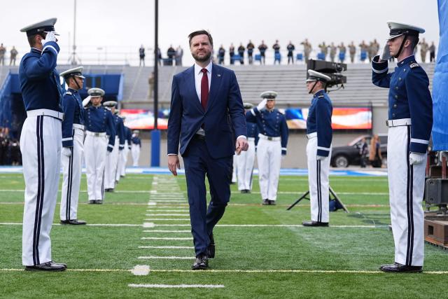 US Vice President JD Vance arrives to speak at the commencement speech for the 2026 graduating class of the US Air Force Academy, in Colorado Springs, Colorado, on May 28, 2026. (Photo by Matt Rourke / POOL / AFP)