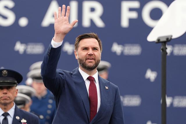 US Vice President JD Vance arrives to speak at the commencement speech for the 2026 graduating class of the US Air Force Academy, in Colorado Springs, Colorado, on May 28, 2026. (Photo by Matt Rourke / POOL / AFP)