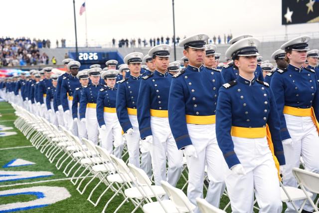 Graduating cadets arrive at the US Air Force Academy Graduation Ceremony at Falcon Stadium, on May 28, 2026, at the US Air Force Academy in Colorado Springs, Colorado. (Photo by Matt Rourke / POOL / AFP)