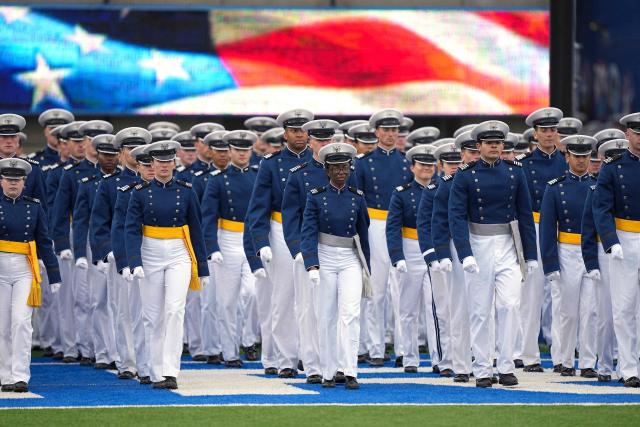 Graduating cadets arrive at the US Air Force Academy Graduation Ceremony at Falcon Stadium, on May 28, 2026, at the US Air Force Academy in Colorado Springs, Colorado. (Photo by Matt Rourke / POOL / AFP)