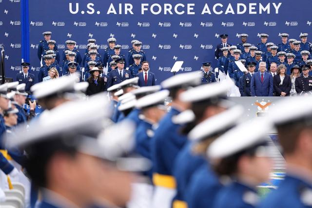 US Vice President JD Vance (C) looks on ahead of his commencement speech for the 2026 graduating class of the US Air Force Academy, in Colorado Springs, Colorado, on May 28, 2026. (Photo by Matt Rourke / POOL / AFP)