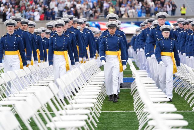 Graduating cadets arrive at the US Air Force Academy Graduation Ceremony at Falcon Stadium, on May 28, 2026, at the US Air Force Academy in Colorado Springs, Colorado. (Photo by Matt Rourke / POOL / AFP)