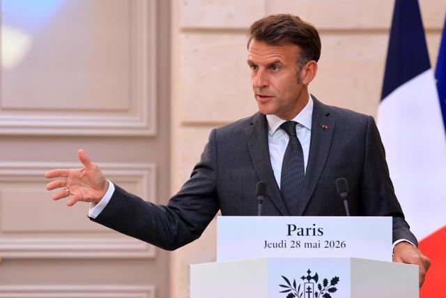 France's President Emmanuel Macron speaks during a joint press statement with Indonesian President at The Elysee Presidential Palace in Paris on May 28, 2026. (Photo by Ludovic MARIN / POOL / AFP)