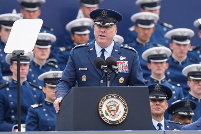 US Air Force Academy Superintendent Lt. Gen. Tony D. Bauernfeind, speaks during the 2026 graduation ceremony at the US Air Force Academy, in Colorado Springs, Colorado, on May 28, 2026. (Photo by Matt Rourke / POOL / AFP)