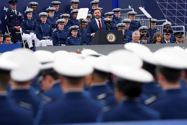 US Vice President JD Vance delivers the commencement speech for the 2026 class of the US Air Force Academy at the Air Force Academy in Colorado Springs, Colorado, on May 28, 2026. (Photo by Matt Rourke / POOL / AFP)