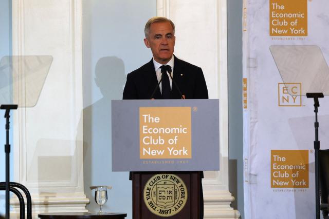 Canadian Prime Minister Mark Carney speaks at the Economic Club in New York on May 28, 2026. (Photo by ANGELA WEISS / AFP)