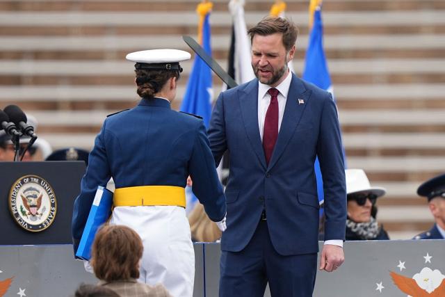 US Vice President JD Vance shakes the hand of a graduating cadet during the 2026 graduation ceremony at the US Air Force Academy in Colorado Springs, Colorado, on May 28, 2026. (Photo by Matt Rourke / POOL / AFP)