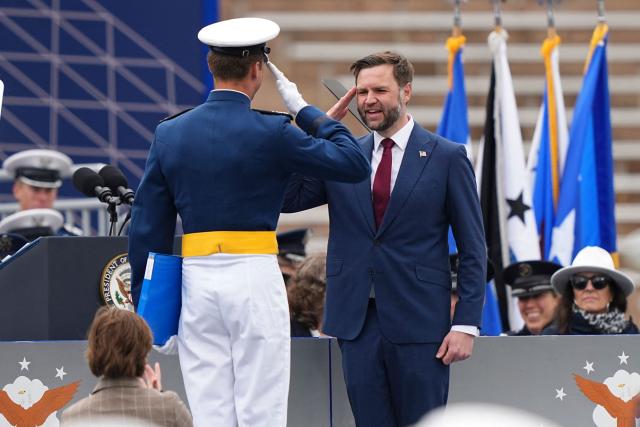 US Vice President JD Vance salutes a graduating cadet during the 2026 graduation ceremony at the US Air Force Academy in Colorado Springs, Colorado, on May 28, 2026. (Photo by Matt Rourke / POOL / AFP)