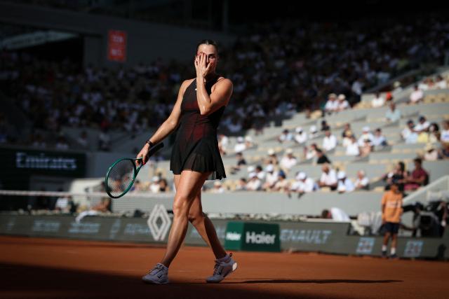 Aryna Sabalenka reacts to a point against France's Elsa Jacquemot during their women's singles match on day 5 of the French Open tennis tournament on Court Philippe-Chatrier at the Roland-Garros Complex in Paris on May 28, 2026. (Photo by ALAIN JOCARD / AFP)