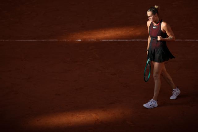 Aryna Sabalenka reacts to a point against France's Elsa Jacquemot during their women's singles match on day 5 of the French Open tennis tournament on Court Philippe-Chatrier at the Roland-Garros Complex in Paris on May 28, 2026. (Photo by ALAIN JOCARD / AFP)