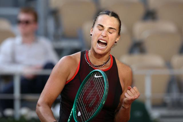 Aryna Sabalenka reacts to a point against France's Elsa Jacquemot during their women's singles match on day 5 of the French Open tennis tournament on Court Philippe-Chatrier at the Roland-Garros Complex in Paris on May 28, 2026. (Photo by ALAIN JOCARD / AFP)