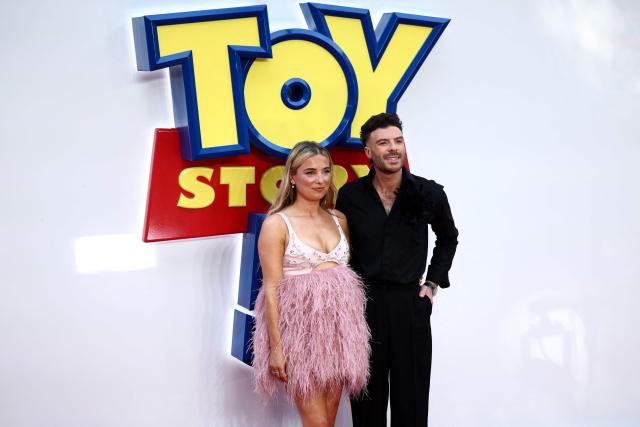 British radio DJ and TV show hosts Sian Welby (L) and Jordan North pose upon arrival to attend the red carpet for the UK launch event of the film 'Toy Story 5' in London on May 28, 2026. (Photo by Henry NICHOLLS / AFP)