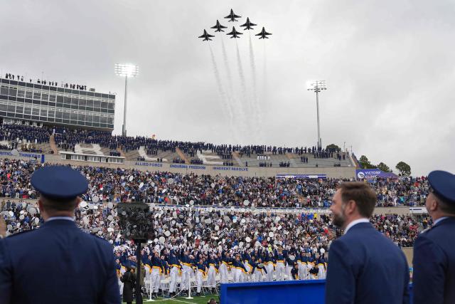 Vice President JD Vance (2R), watches as the Air Force Thunderbirds flyover during the 2026 graduation ceremony at the US Air Force Academy in Colorado Springs, Colorado, on May 28, 2026. (Photo by Matt Rourke / POOL / AFP)