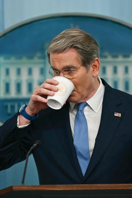 US Secretary of Treasury Scott Bessent drinks from a cup as he speaks during a press briefing in the Brady Briefing Room of the White House in Washington, DC, on May 28, 2026. (Photo by Kent NISHIMURA / AFP)